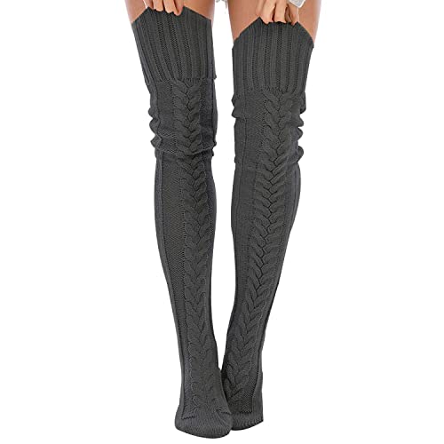 Women's Warm Knit Thigh High Socks, Extra Long 41~47" Winter Thermal Over Knee Boot Stockings Leg Warmers - One Size - Deep Grey