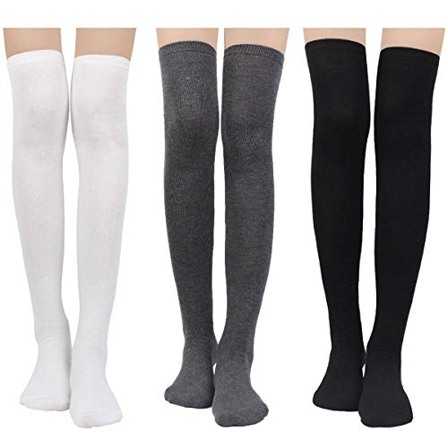 LADES Womens Knee-High Socks - Thigh High Socks Cotton Striped Over The Knee Socks Long Knee High Socks for Women - Black+white+gray Solid