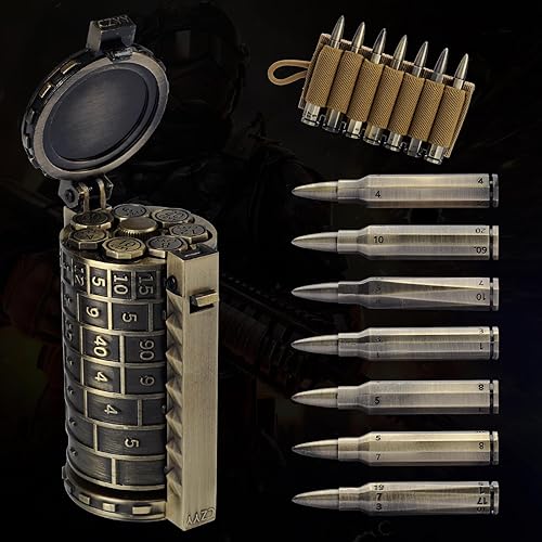 CZYY Rifle Bullet Dice Set - Solid Metal 7 Polyhedral Dice Set with Spinning Container Case & Cartridge Holder Belt - Perfect Role Playing Dice Set for D&D, Tabletop Games (Bronze) - Bronze