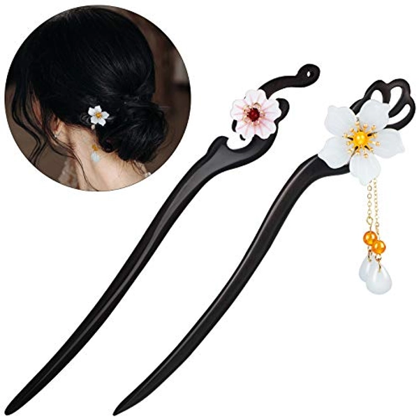 2 Pcs Chinese Hair Sticks Flower Retro Hair Stick Pin,wooden Hair Chopsticks with Tassel Handmade Hairpin for Women Girl, Hanfu Dressing Accessories