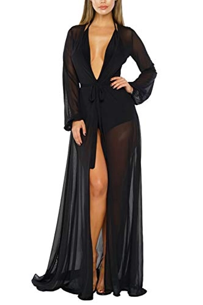 Women's Sexy Thin Mesh Long Sleeve Tie Front Swimsuit Swim Beach Maxi Cover Up Dress