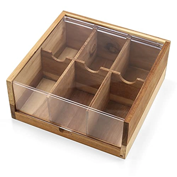 HTB Acacia Wood Tea Bag Organizer Storage, Gift Box 6 Compartments Tea Chest Box with Acrylic Transparent Hinged Lid