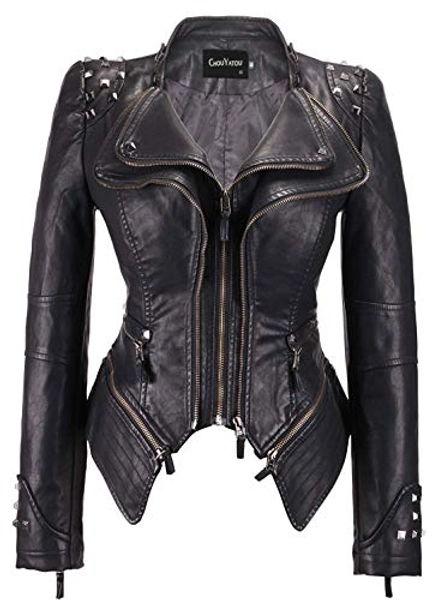 chouyatou Women's Fashion Studded Perfectly Shaping Faux Leather Biker Jacket