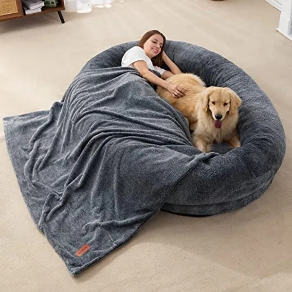 Large Human Dog Bed Bean Bag Bed for Humans Giant Beanbag Dog Bed with Blanket for People, Families, Pets,72"x48"x10" (Grey)