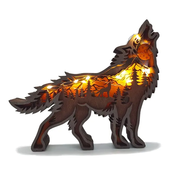 Zagxuade Wooden Wolf Desktop Ornament with Light, Forest Animals Table Decor, Wooden Knick Knacks Decorations for Home - Wolf（light）