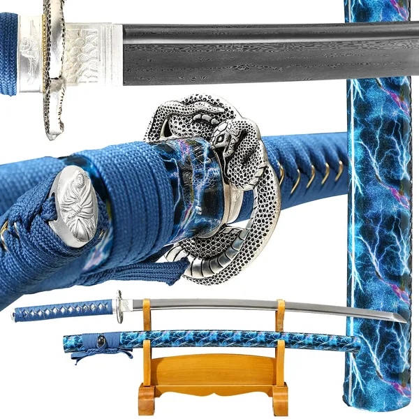 Handmade Japanese Samurai Katana Sword Full Tang 1060/1095 High Carbon Steel Damascus T10 Clay Tempering Cold Real Heat Tempered Sharp…… - damascus Black snake