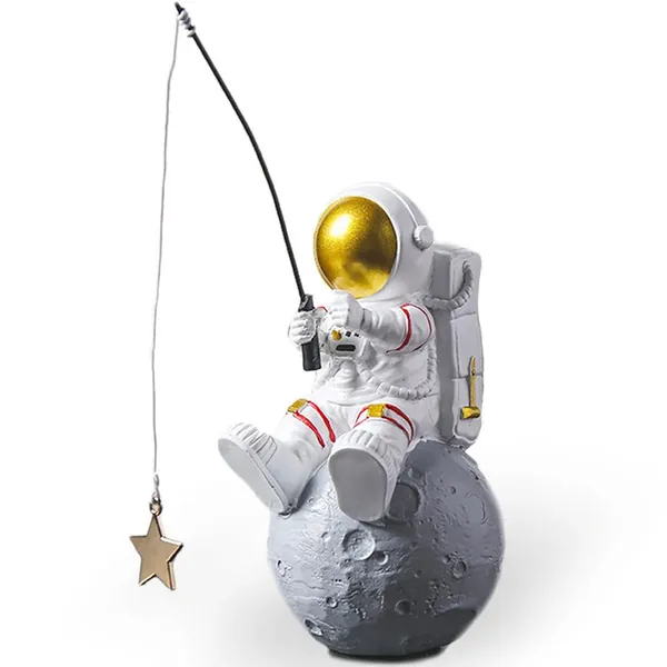 Astronaut Figurine Statue, Astronaut Fishing Star Figure Sculpture for Desktop & Tabletop Decor, Resin Spaceman Planet Desk Ornament for Outer Space Themed Bedroom Decor, Cake Toppers Decoration Model - Fishing