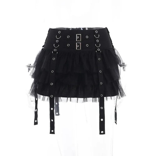 'Dark Fairytale' Black Ruffle Buckle Goth Mini Skirt - black / M