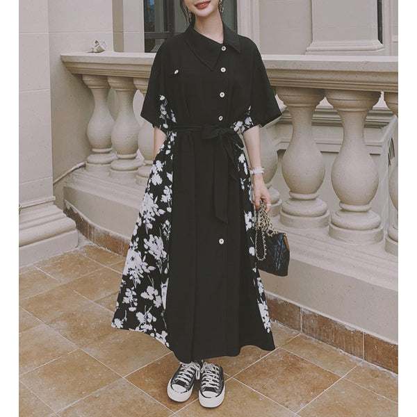 【Dark Illuminate】 サイドフラワー斜めボタン五部丈シャツワンピース | 黒 / M