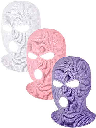 3 Pieces 3-Hole Full Face Cover Winter Outdoor Sport Knitted Face Cover Ski Balaclava Headwrap - 3-5 - Pink, Light Purple, White