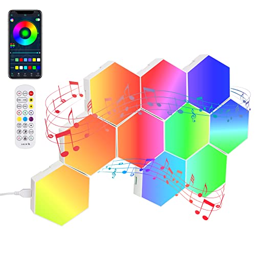 JiMayday Hexagon Lights Gaming - 10 Pack RGB LED Hex Light Panels, Gaming Panels for Wall, Hexagonal Smart Wall Lights Sync to Music, DIY Geometry Ambient Light for Room Bar Decor Gaming Setup