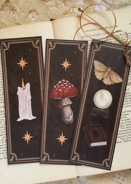 Bookmarks Set of 3 | Illustrated bookmarks | Dark academia bookmarks | Recycled bookmarks | Cozy bookmarks