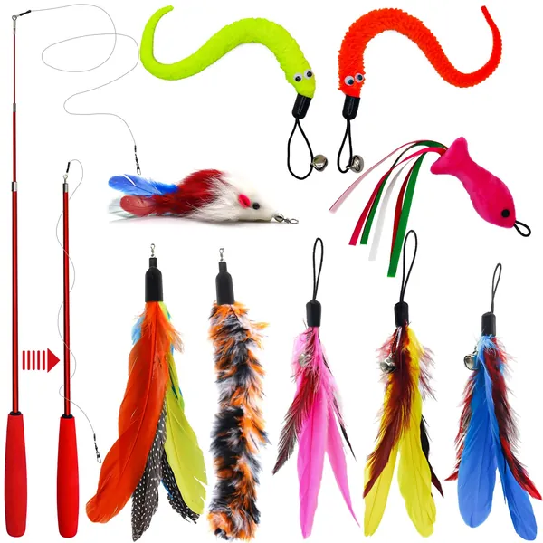 Autoau Cat Feather Toys,Interactive Retractable Cat Teaser Wand with 9 Refills with Bells and Feather Indoor Interaction with Cats(10 PACK)