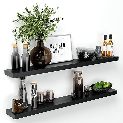 Homeforia Black Floating Shelf 48 Inch, Premium Solid Wood Long Black Shelves for Walls, 48 Inch Bathroom Shelf, Heavy Duty Bracket, 48 X 6.5 X 1.75 Inch, Set of 2 - Black - 48 inch