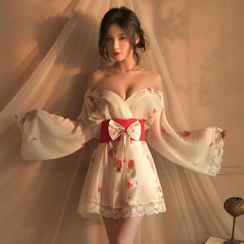 Strawberry Print Kimono Lingerie - White / S