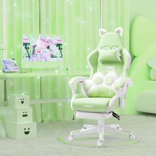 Vigosit Cute Gaming Chair with Cat Paw Lumbar Cushion and Cat Ears, Ergonomic Computer Chair with Footrest, Reclining PC Game Chair for Girl, Teen, Kids, Green - Green