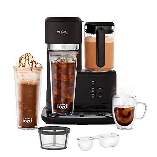 Mr. Coffee 3-in-1 Single-Serve Iced and Hot Coffee/Tea Maker with Blender with Reusable Filter, Scoop, Recipe Book, 2 Tumblers, Lids and Straws, Black