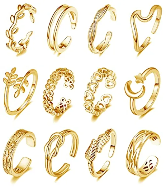 KOHOTA 12PCS 18K Gold Plated Adjustable Toe Rings for women Summer Beach Open Toe Rings Set Flower Arrow Tail Pinky Band Rings Barefoot Foot Jewelry - gold color