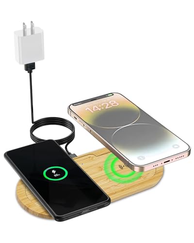OhM-ega Bamboo Dual Wireless Charger Pad,10W Fast Charging, Qi-Certified for iPhone 15/Plus/Pro Max/14/13/12/11/X/Samsung S21/S20/Note 10/Edge Note 20Ultra/S10/AirPods/Apple Watch (Adapter Include)