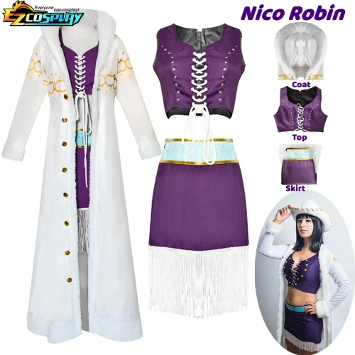 Nico Robin Costume Cosplay Anime One Piece Purple Dress uniforme collo di pelliccia lungo mantello bianco vestito Punk Halloween per adulto
