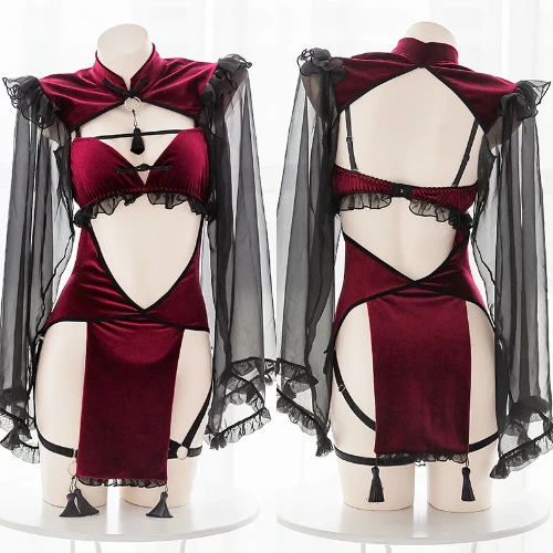 Punk Gothic czarna czerwona koronkowa seksowna bielizna dla kobiet pokojówka pokusa śliczna zła Demon Cosplay zestaw bielizny nocnej kostiumy na Halloween