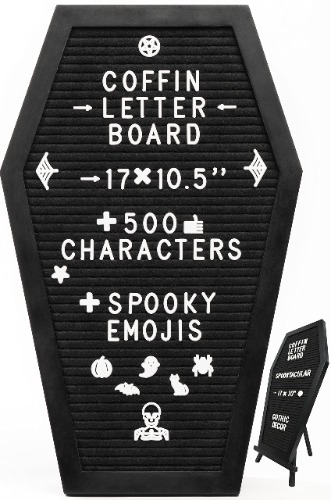 Nomnu Black Felt Coffin Letter Board - Gothic Decor Message Board With Spooky Emojis - Horror, Gothic, Spooky Gifts - 17x10.5 Inches, 500 White Characters. Creepy Halloween Decor Letterboard