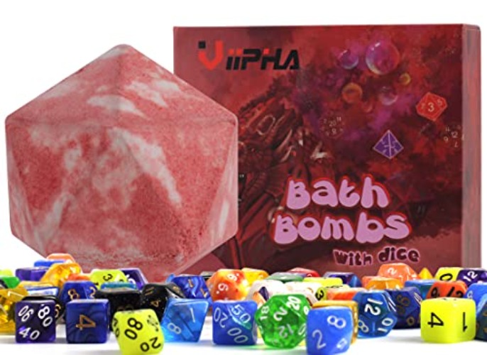 Huge D20 Bath Bombs with Full Surprise Set of Polyhedral Dice Inside, D&D Inspired Dragon Blood Bath Bomb 11oz with Gift Box - Perfect for Dungeon Master, Player and Tabletop RPG Nerd