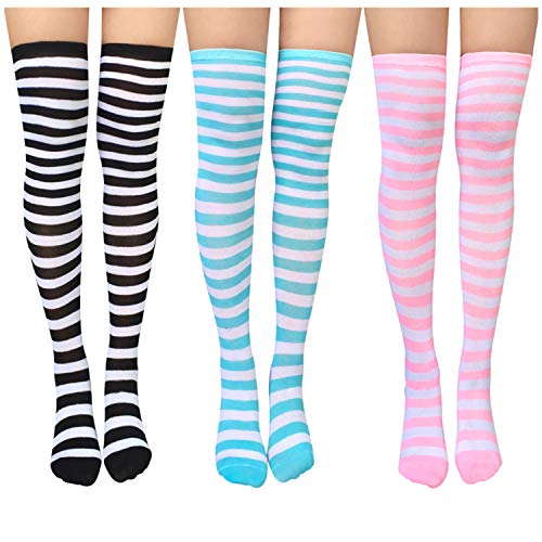Chalier Apparel Womens Thigh High Socks Cotton Striped Over the Knee Socks Long Knee High Socks for Women - One Size - C-slim Stripe-3 Pairs