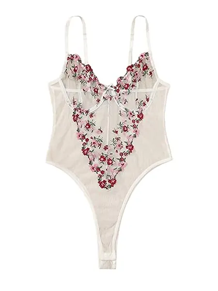 SOLY HUX Women's Floral Embroidered Mesh Sheer One Piece Lingerie Teddy Bodysuit Sleepwear