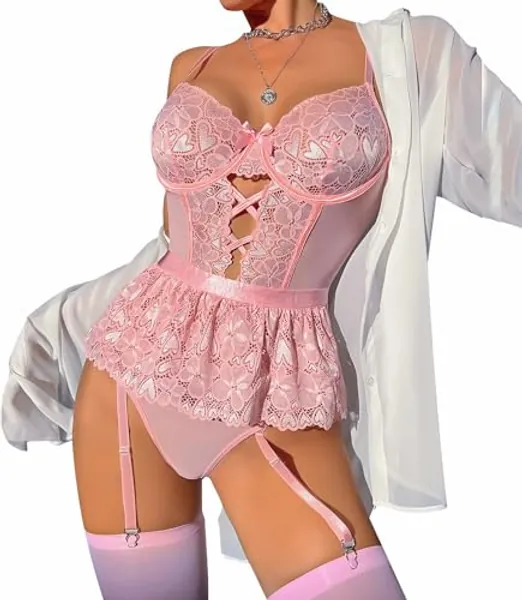 Women's Garter Belt Bodysuit Teddy One Piece Sexy Exotic Lace Corset Lingerie Set with Thigh Highs Stockings