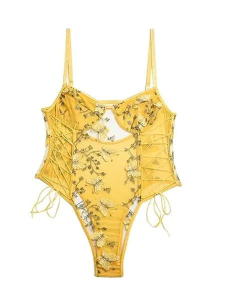 Lilosy Women Sexy Lace Up Floral Embroidered Teddy Lingerie Bodysuit Top Mesh Sheer One Piece