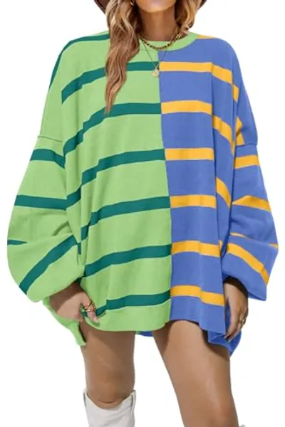 Fisoew Womens Striped Pullover Sweater Crew Neck Long Sleeve Knitted Color Block Casual Loose Lightweight Sweaters for Women