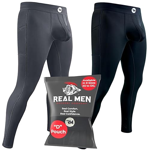 Real Men B & D Pouch Compression Pants Men- 1, 2 & 3 Pack, Mens Leggings, Yoga Pants, Tights, Base Layer Men Cold Weather - Medium - D Pouch 2 Pack - Black and Grey