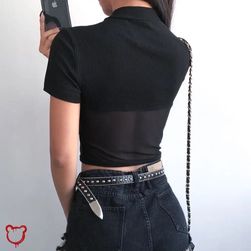 'Black Mesh Crop Top' - black / L