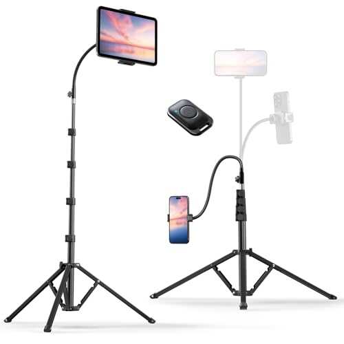 Weilisi 82" Tall Heavy Duty Phone Stand for Recording, Tablet Stand Holder with 15" Adjustable Gooseneck, Overhead Selfie Tripod for iPhone/iPad/Android for Recording/Live Streaming/Watching/Cooking