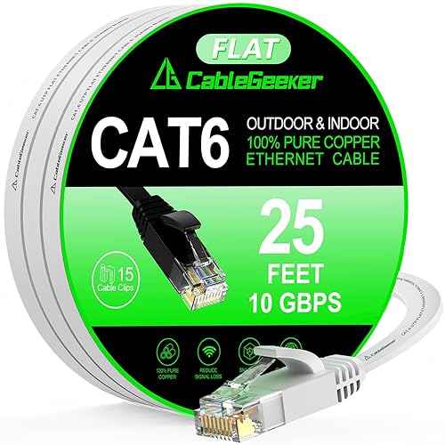 Cat 6 Ethernet Cable 25 ft (at a Cat5e Price but Higher Bandwidth) Flat 10Gbps Internet Network Cables - Cat6 Ethernet Patch Cable Short - Computer LAN Cable White + Free Cable Clips and Straps - White - 25ft