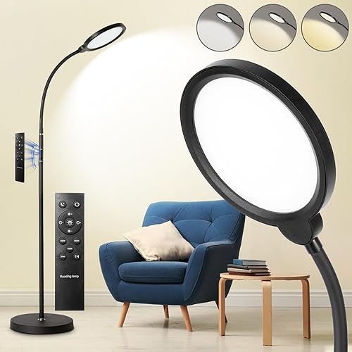 homakee LED Floor Lamp, Living Room Lamps, 3 Color Temperatures Bright Modern Tall Lamp, Adjustable Gooseneck Standing Lamp with Remote & Touch Control,Floor Lamp for Living Room, Bedroom, Office - rounded - Black