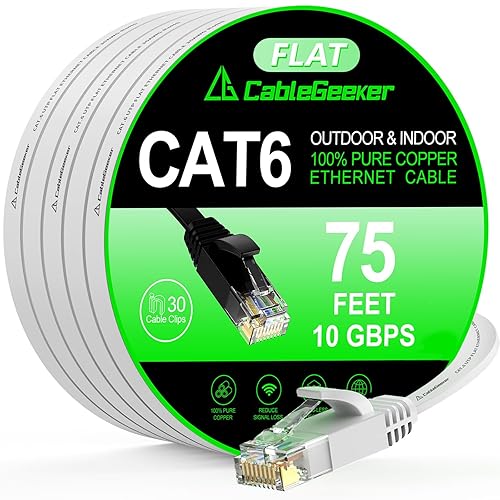 Cat 6 Ethernet Cable 75 ft (at a Cat5e Price but Higher Bandwidth) Flat Internet Network Cable Support 10Gbps 500 Mhz - White Computer LAN Cable + Free Clips and Straps for Router Xbox Modem - White - 75ft