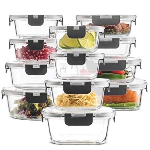 FineDine 24 Piece Glass Storage Containers with Lids - Leak Proof, Dishwasher Safe Glass Food Storage Containers for Meal Prep or Leftovers, Gray - Grey