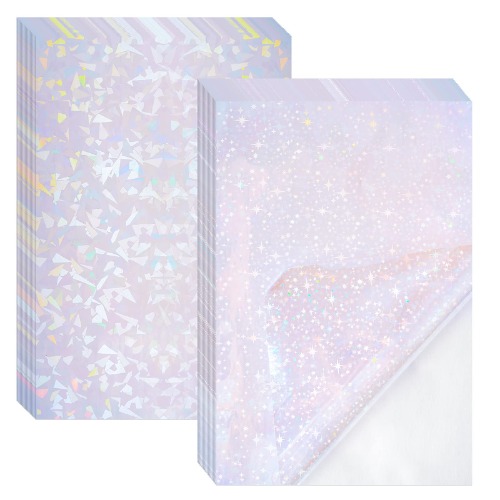 2 Types Transparent Holographic Laminate Sheets Overlay Lamination Vinyl A4 Size Self-Adhesive Holographic Laminate Film Waterproof Vinyl Sticker Paper for DIY Crafts, 10 Sheets 8.25 x 11.7 Inches - Broken Glass and Stars