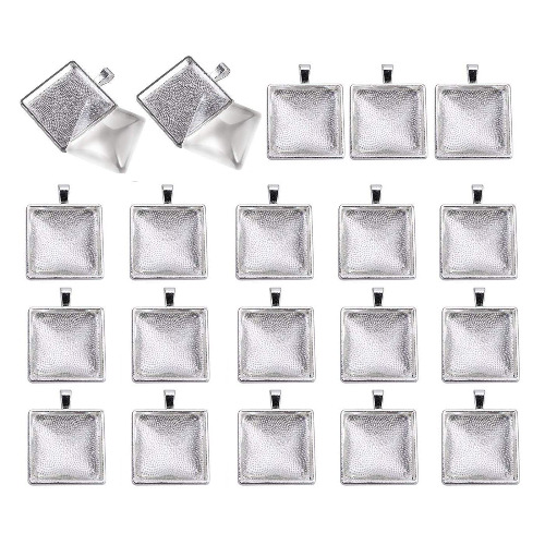 Miraclekoo 20 Set Square Bezel Pendant Trays with Glass Dome Tiles Cabochon 25 mm Blanks Cameo Bezel Cabochon Settings,Simple Edge - Square Bezel,Simple Edge