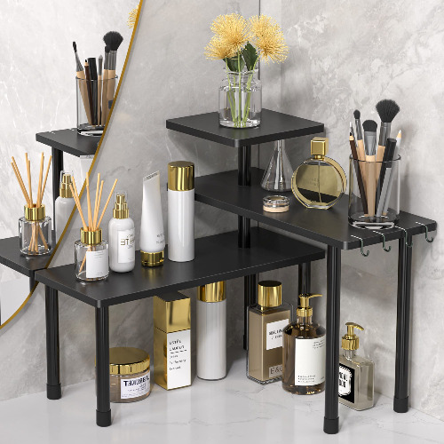 JayRex Bathroom Organizer Countertop Bathroom Shelf, 3 Tier Corner Shelf Moveable Bamboo Organizer for Make Up, Dresser Table, Bathroom countertop, Desktop Shelf (Black) - Balck