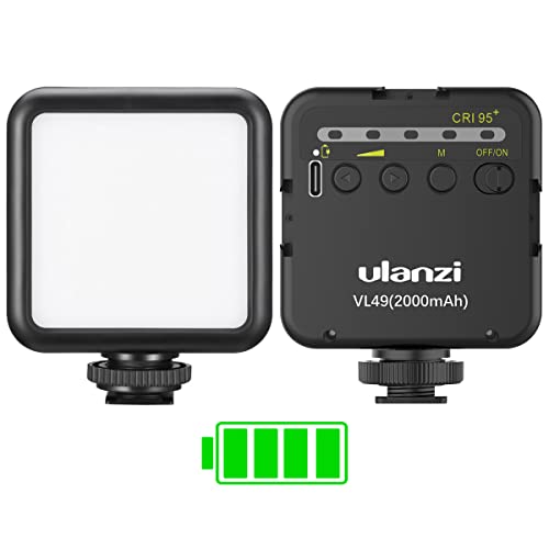 ULANZI VL49 2000mAh LED Video Light w 3 Cold Shoe, Rechargeable Soft Light Panel, Portable Photography Lighting for DJI OSMO Sony DSLR Canon Camera GoPro Vlogging - Black