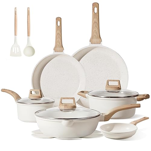 CAROTE 16 Piece Cookware Set, Nonstick Pots and Pans, Induction Cookware Cooking Set with Frying Pans, Saucepans, Saute Pan - Cream White - 16 Piece