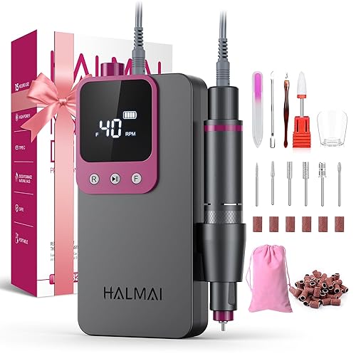 HALMAI Electric Nail Drill Professional, Portable Nail File for Acrylic Gel Nails, Cordless Rechargeable Nail Drill Kit 40000RPM, HMC320 Salon-Grade Efile Nail Machine(Dark Grey)
