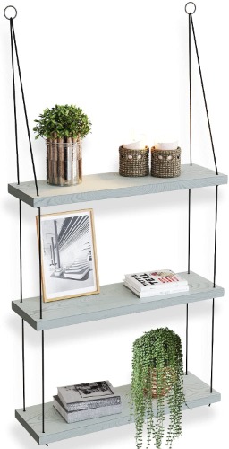 OMYSA 3 Tier Hanging Shelves for Wall - Wood Hanging Shelf - Floating Shelves for Bedroom Living Room Bathroom Kitchen - Wooden Plant Shelf - Rope Triangle Window Farmhouse Tall Shelf - Rustic White - White