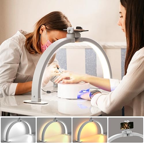 Half Moon Light for Nail Desk - Evershop Portable Ring Light with Phone Holder,Nail Table Lamp with Overhead Phone Mount for Video Recording,Nail Tech,Manicure Handicraft Lighting,YouTube,Tiktok - 23inch