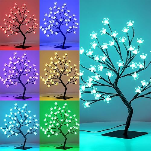 BDUSXYZ 48 LED Artificial Lighted Cherry Blossom Tree - Cherry Blossom Bonsai Tree 16 Color-Changing Metal Base Night Lights for Christmas Wedding Party - 48L-RGB1