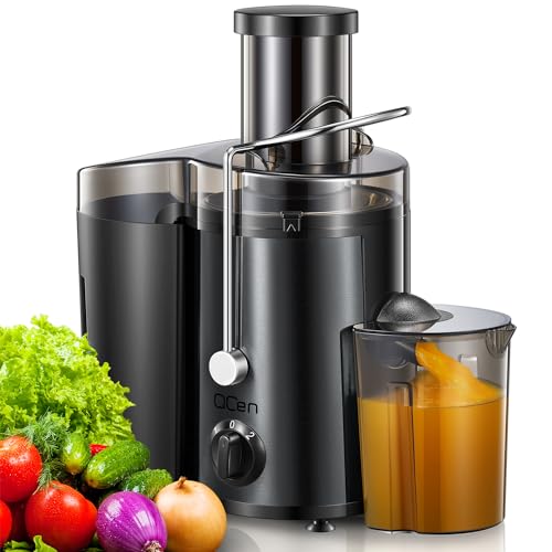 QCen Juicer Machine, 500W Centrifugal Juicer Extractor with Wide Mouth 3” Feed Chute for Fruit Vegetable, Easy to Clean, Stainless Steel, BPA-free (Metallic Black) - 500W - Metallic Black