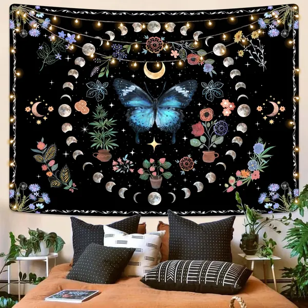 Fowocu Blue Butterfly Moon Flower Tapestry Boho Floral Plant Tapestries for Bedroom Aesthetic Nature Tapastry's Wall Hanging Mandala Botanical Wall Tapestry for Living Room Dorm (Blue, 80'' × 60'')